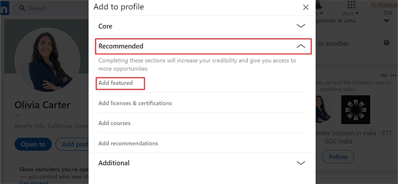 Where to locate the "Add featured" option on LinkedIn.