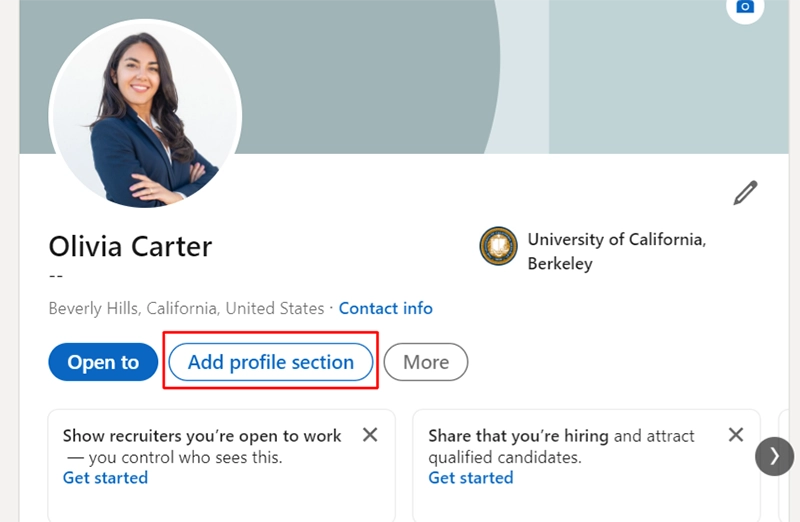 Where to locate the "Add profile section" button on LinkedIn.