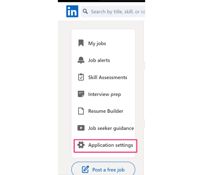 Where to find the "Application settings" option on LinkedIn.