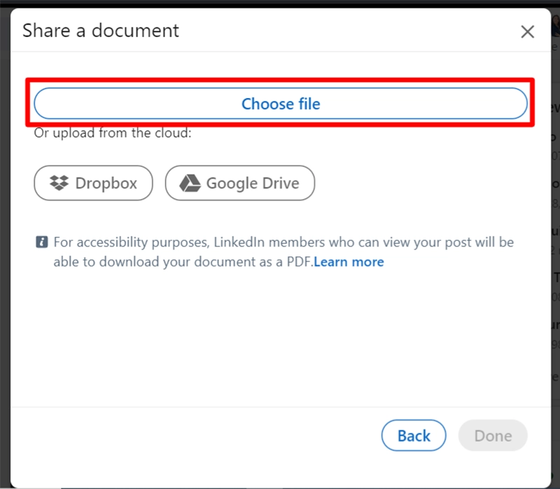 Where to locate the "Choose file" button on LinkedIn.