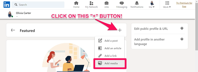 Where to locate the "Add media" option on LinkedIn.