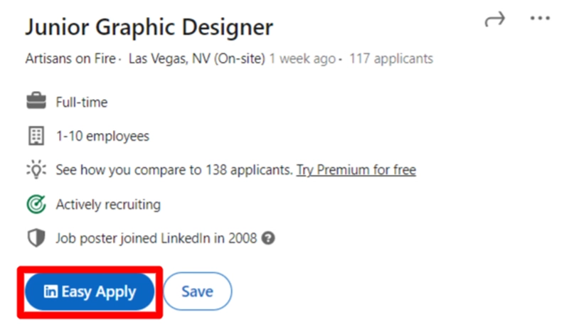 Where to locate the "Easy Apply" button on LinkedIn.