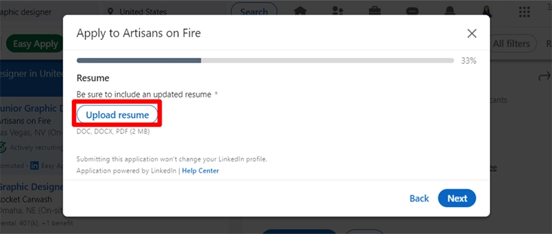 Location of the "Upload Resume" button in the LinkedIn "Easy Apply" menu.