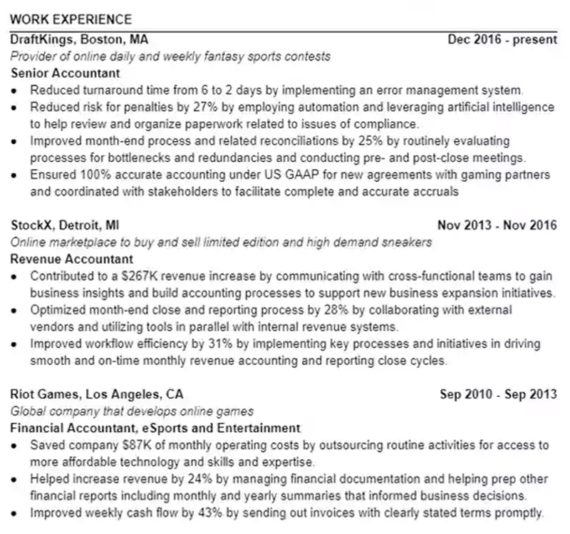 Example of a proffessional work history summary for a resume